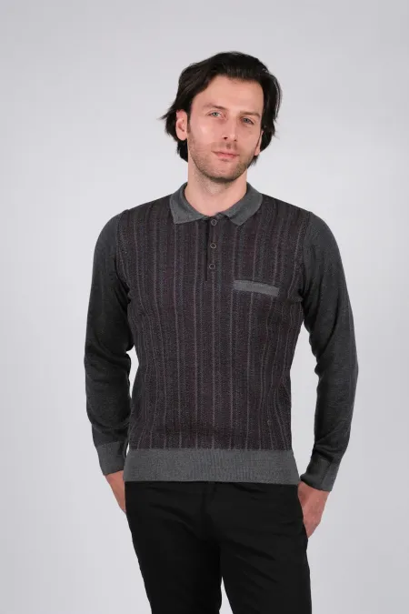 Çizgi Triko Erkek Polo Yaka Düz Çizgili Cep Detaylı Düğmeli Triko Kazak Kışlık Dokuma - Gri Çizgi Triko Erkek Polo Yaka Düz Çizgili Cep Detaylı Düğmeli Triko Kazak Kışlık Dokuma - Gri