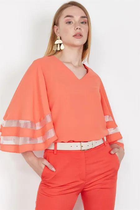 Kadın Mercan İspanyol Kollu Bluz Kadın Mercan İspanyol Kollu Bluz