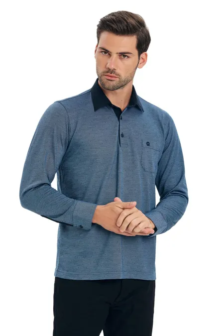 Çizgi Triko Erkek Polo Yaka Kazak Kol Düğmeli Düz Renk Klasik Cepli Penye - İndigo Çizgi Triko Erkek Polo Yaka Kazak Kol Düğmeli Düz Renk Klasik Cepli Penye - İndigo