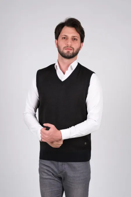 Çizgi Triko Erkek V Yaka Triko Süveter Desenli Bel Lastikli Dokuma - Lacivert