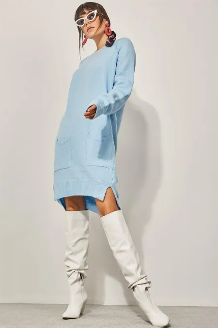 Kadın Bebe Mavi Cepli Triko Tunik Kadın Bebe Mavi Cepli Triko Tunik