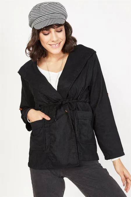Kadın Siyah Kapüşonlu Fitilli Kadife Ceket Kadın Siyah Kapüşonlu Fitilli Kadife Ceket