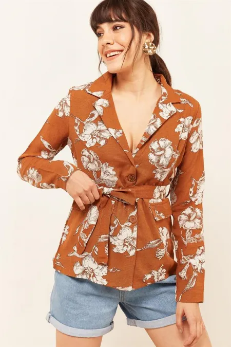 Kadın Taba Desenli Keten Ceket Kadın Taba Desenli Keten Ceket