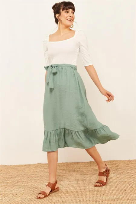 Kadın Mint Yeşili Fırfırlı Keten Etek