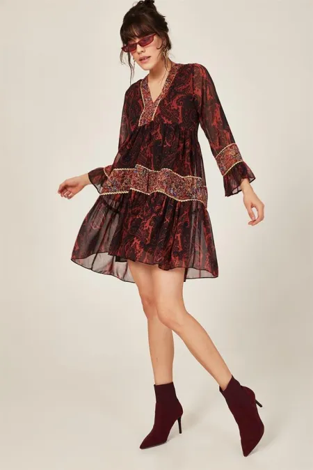 Kadın Bordo V Yakalı Desenli Elbise Kadın Bordo V Yakalı Desenli Elbise