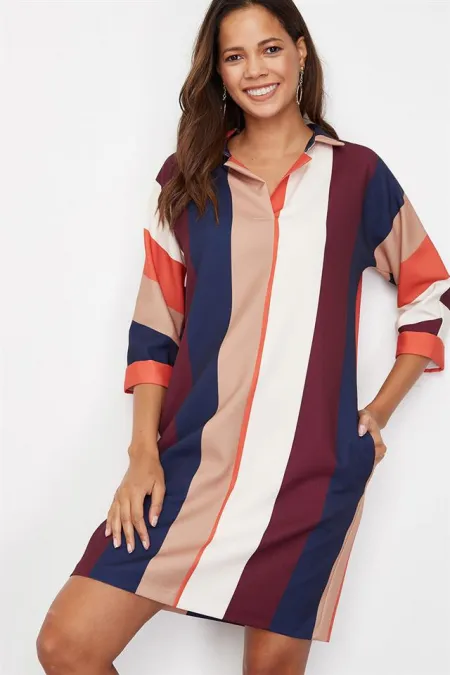 Kadın Bordo Çizgili Mini Elbise Kadın Bordo Çizgili Mini Elbise