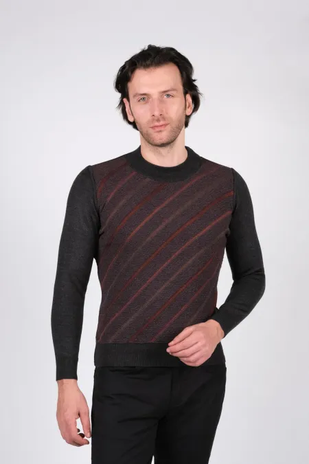 Çizgi Triko Erkek Yarım Balıkçı Triko Kazak Bel ve Kol Lastikli Çizgili Kışlık Dokuma - Koyu Gri