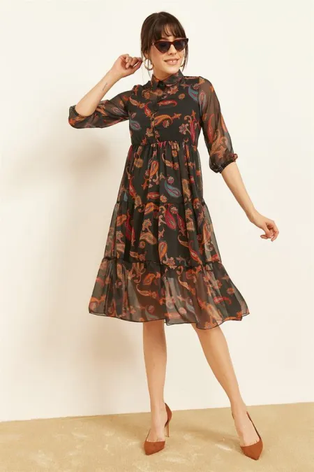 Kadın Mercan Şal Desenli Şifon Elbise Kadın Mercan Şal Desenli Şifon Elbise