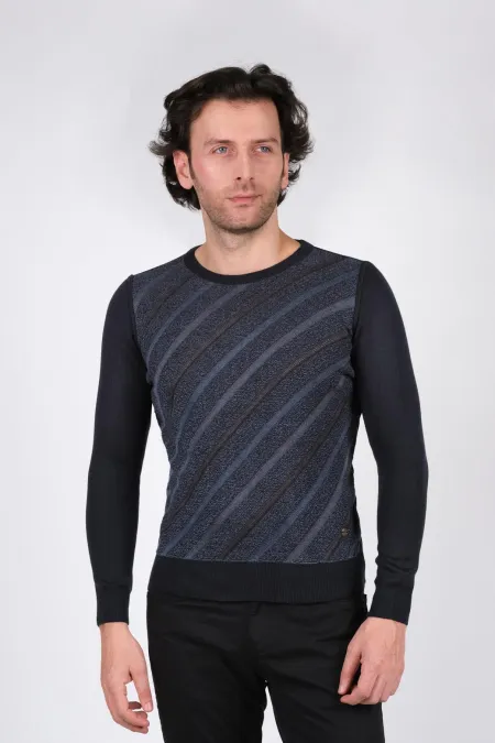 Çizgi Triko Erkek Battal Boy Sıfır Yaka Triko Kazak Çizgili Bel ve Kol Lastikli Kışlık Dokuma - Lacivert Çizgi Triko Erkek Battal Boy Sıfır Yaka Triko Kazak Çizgili Bel ve Kol Lastikli Kışlık Dokuma - Lacivert