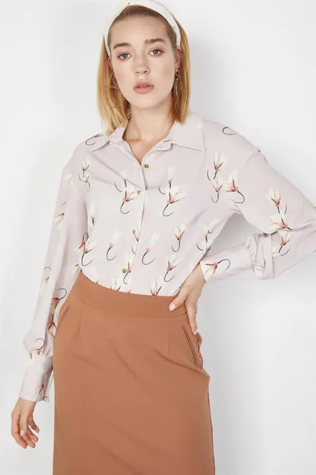 Kadın Pudra Balon Kollu Desenli Bluz Kadın Pudra Balon Kollu Desenli Bluz