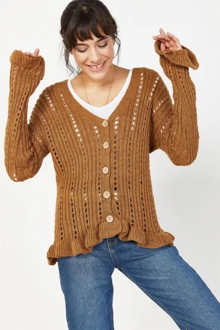 Kadın Kahverengi Volan Detaylı Triko Hırka Kadın Kahverengi Volan Detaylı Triko Hırka