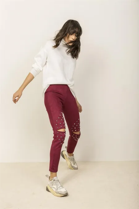 Kadın Bordo Dizleri Çakım Detaylı Süet Tayt Pantolon Kadın Bordo Dizleri Çakım Detaylı Süet Tayt Pantolon