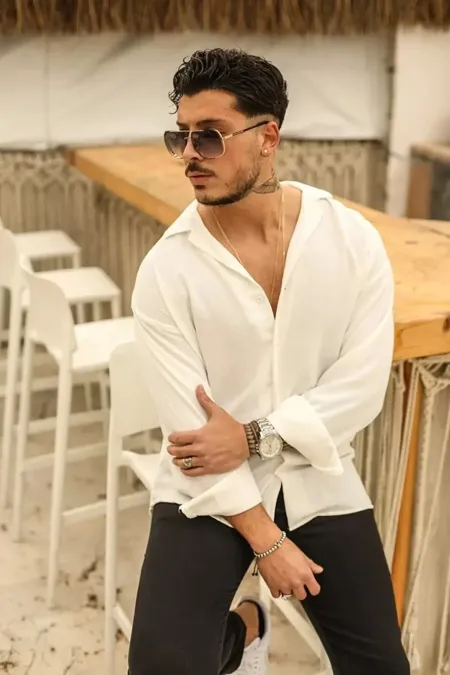 Dokulu Oversize Gömlek - Beyaz