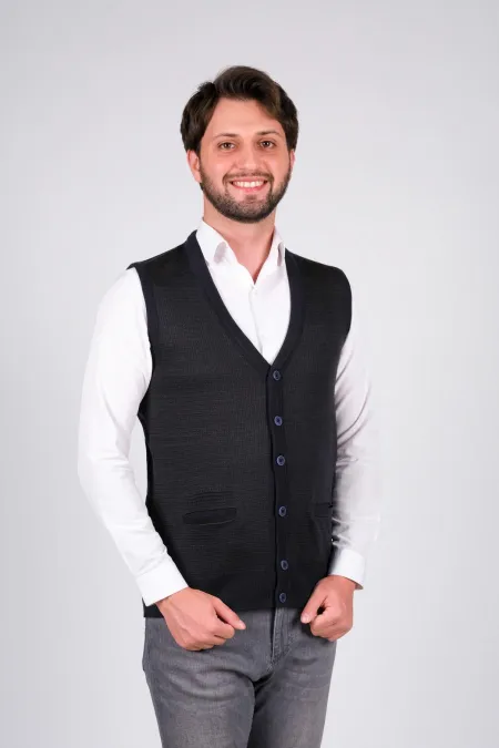 Çizgi Triko Düğmeli Erkek Triko Yelek - Lacivert Çizgi Triko Düğmeli Erkek Triko Yelek - Lacivert