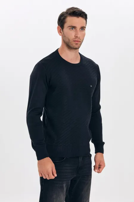 Çizgi Triko Erkek Sıfır Yaka Triko Kazak Kesik Çizgili Kol ve Bel Lastikli Kışlık Dokuma - Lacivert Çizgi Triko Erkek Sıfır Yaka Triko Kazak Kesik Çizgili Kol ve Bel Lastikli Kışlık Dokuma - Lacivert