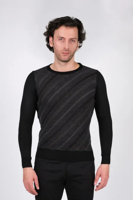 Çizgi Triko Erkek Battal Boy Sıfır Yaka Triko Kazak Çizgili Bel ve Kol Lastikli Kışlık Dokuma - Siyah Çizgi Triko Erkek Battal Boy Sıfır Yaka Triko Kazak Çizgili Bel ve Kol Lastikli Kışlık Dokuma - Siyah