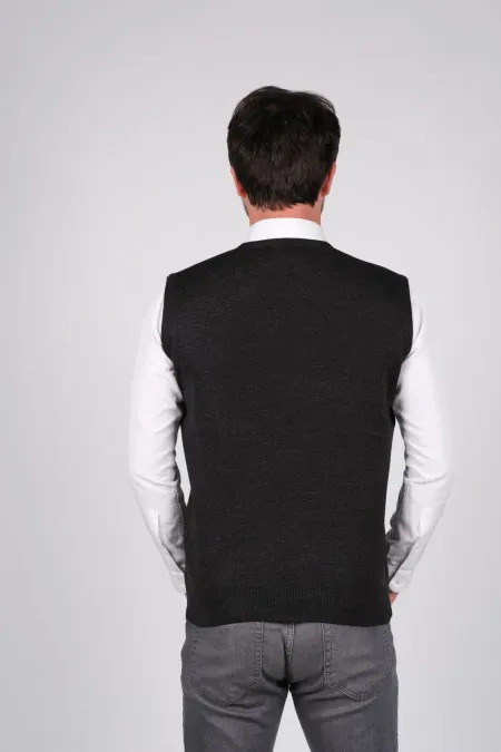 Çizgi Triko Erkek Triko Süveter V Yaka Düz Renk Kışlık Dokuma - Koyu Gri