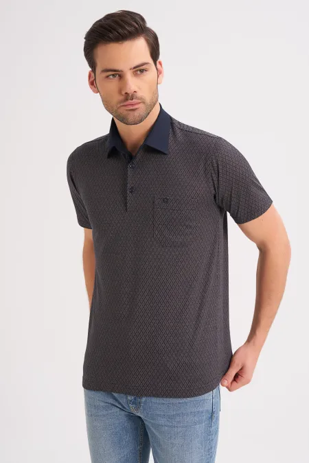 Çizgi Triko Erkek Gömlek Yaka Tişört Baklava Desenli Cepli Kolu Lastikli - Lacivert