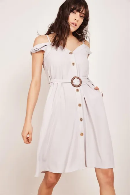 Kadın Gri Askılı Kuşaklı Elbise Kadın Gri Askılı Kuşaklı Elbise