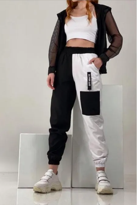 Kadın Paraşüt Eşofman Alt Siyah Beyaz