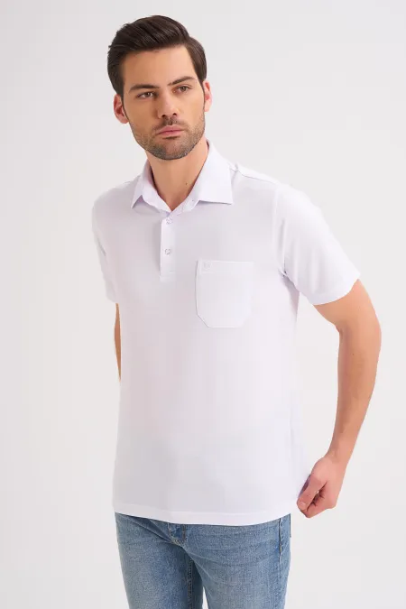 Çizgi Triko Erkek Polo Yaka Tişört Düz Renk Günlük Cep Detaylı - Beyaz