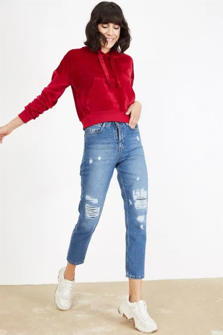 Kadın Mavi Yırtık Efektli Mom Jeans Kadın Mavi Yırtık Efektli Mom Jeans