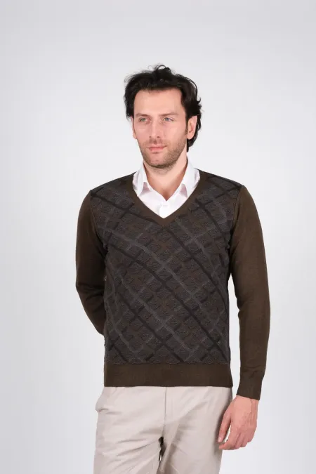 Çizgi Triko Erkek V Yaka Triko Kazak Bel ve Kol Lastikli Baklava Desenli Kışlık Dokuma - Kahverengi