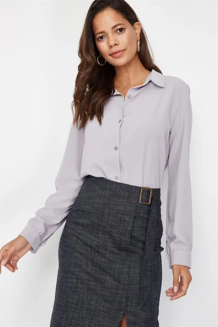 Kadın Gri Klasik Gömlek Kadın Gri Klasik Gömlek