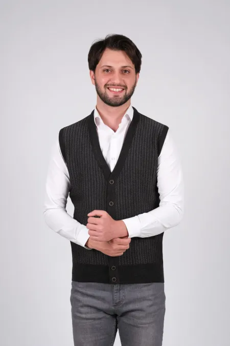 Çizgi Triko Düğmeli Erkek Triko Yelek - Koyu Gri Çizgi Triko Düğmeli Erkek Triko Yelek - Koyu Gri