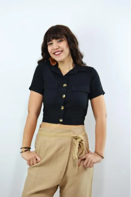 Kadın Büyük Düğmeli Crop Gömlek Siyah