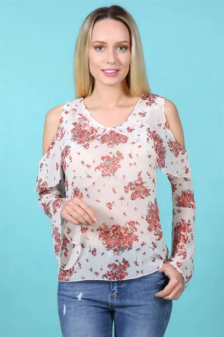 Kadın Beyaz Omuz Dekolteli Volanlı Desenli Şifon Bluz Kadın Beyaz Omuz Dekolteli Volanlı Desenli Şifon Bluz