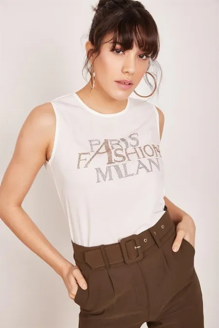 Kadın Ekru Taş Baskılı Bluz Kadın Ekru Taş Baskılı Bluz