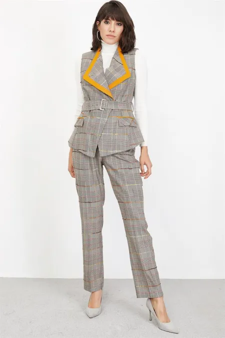 Kadın Gri Ekose Desen Pantolon