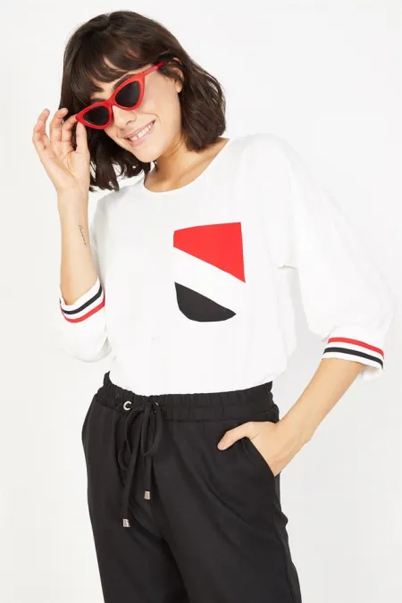 Kadın Ekru Renkli Cepli Bluz Kadın Ekru Renkli Cepli Bluz