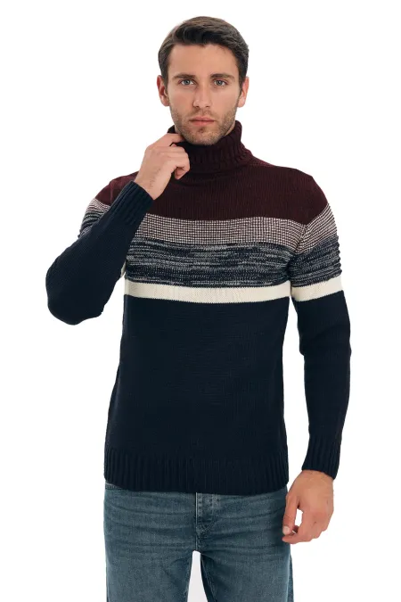 Çizgi Triko Erkek Spor Kazak - Bordo