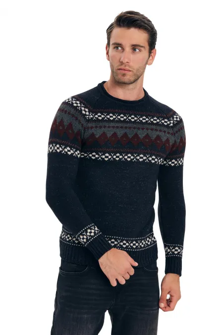 Çizgi Triko Erkek Spor Sıfır Yaka Kazak Omuz Detay Desenli Kol Ve Bel Lastikli Dokuma - Bordo