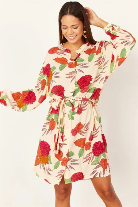 Kadın Bej Desenli Mini Elbise Kadın Bej Desenli Mini Elbise