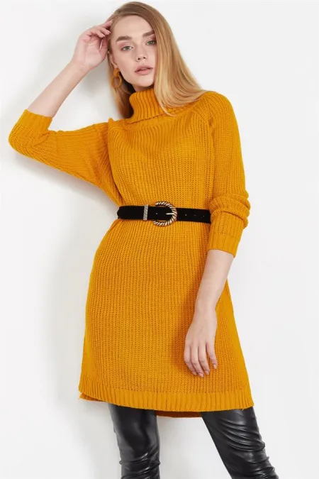 Kadın Hardal Degaje Yakalı Triko Tunik