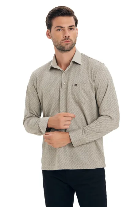 Çizgi Triko Erkek Polo Yaka Kazak Kol Düğmeli Desenli Cepli Klasik Penye - Taş Çizgi Triko Erkek Polo Yaka Kazak Kol Düğmeli Desenli Cepli Klasik Penye - Taş