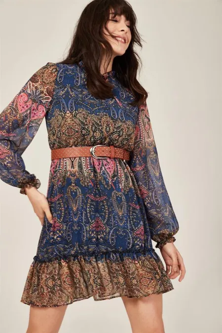 Kadın Lacivert Şal Desenli Şifon Elbise Kadın Lacivert Şal Desenli Şifon Elbise