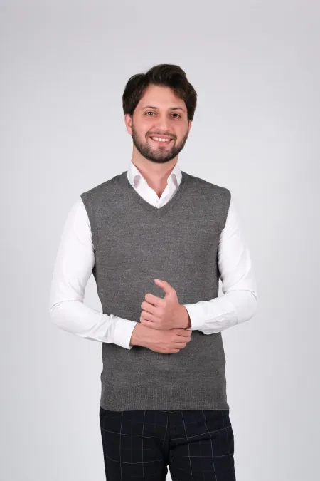 Çizgi Triko Erkek Triko Süveter V Yaka Düz Renk Bel Lastikli Kışlık Dokuma - Gri Çizgi Triko Erkek Triko Süveter V Yaka Düz Renk Bel Lastikli Kışlık Dokuma - Gri