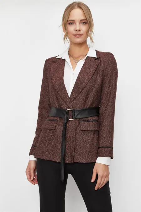 Kadın Kiremit Deri Kemerli Desenli Ceket Kadın Kiremit Deri Kemerli Desenli Ceket