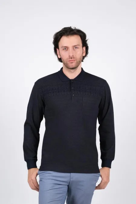 Çizgi Triko Erkek Triko Kazak Polo Yaka Kışlık Desen Detaylı Cepli Kolları Lastikli - Lacivert Çizgi Triko Erkek Triko Kazak Polo Yaka Kışlık Desen Detaylı Cepli Kolları Lastikli - Lacivert