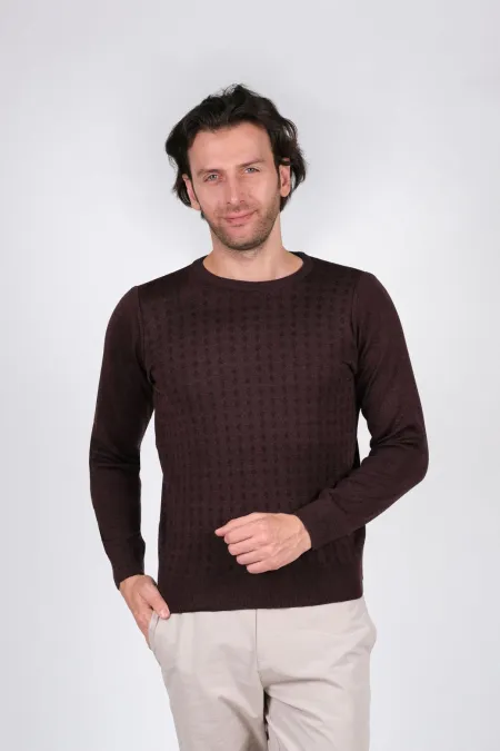 Çizgi Triko Erkek Battal Sıfır Yaka Triko Kazak Desenli Kol Ve Bel Lastikli Dokuma 3XL - 4XL - 5XL - Bordo
