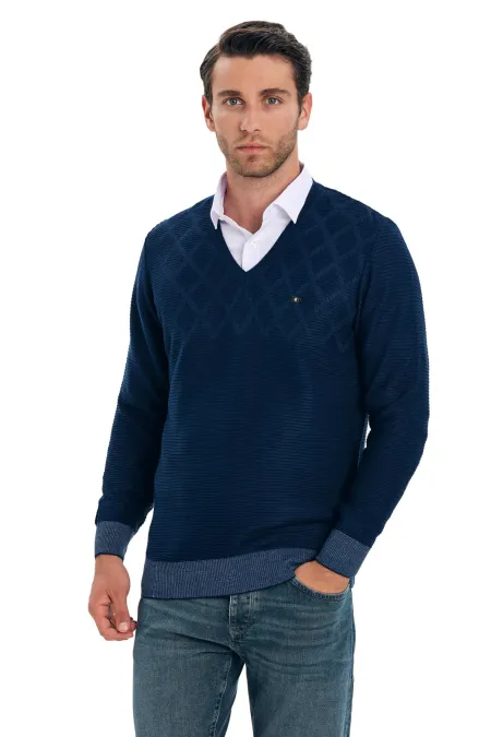 Çizgi Triko Erkek V Yaka Triko Kazak Omuz Detaylı Kol Ve Bel Lastikli Kışlık Dokuma - Açık Lacivert Çizgi Triko Erkek V Yaka Triko Kazak Omuz Detaylı Kol Ve Bel Lastikli Kışlık Dokuma - Açık Lacivert