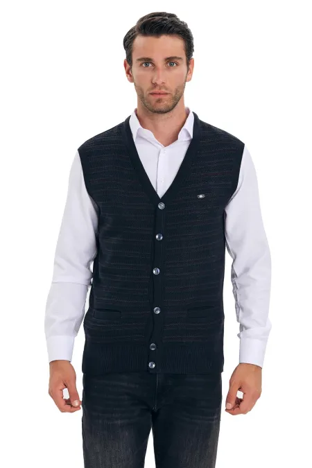 Çizgi Triko Erkek V Yaka Triko Yelek Düğmeli Cep Detaylı Bel Lastikli Dokuma - Lacivert Çizgi Triko Erkek V Yaka Triko Yelek Düğmeli Cep Detaylı Bel Lastikli Dokuma - Lacivert