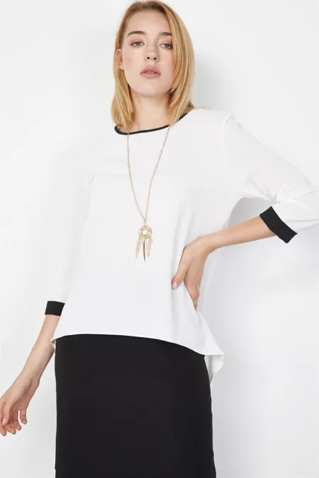Kadın Beyaz Kontrast Biyeli Bluz Kadın Beyaz Kontrast Biyeli Bluz