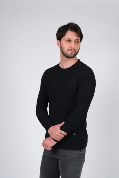 Çizgi Triko Erkek Triko Kazak Sıfır Yaka Desenli Kol ve Bel Lastikli Kışlık Dokuma - Lacivert Çizgi Triko Erkek Triko Kazak Sıfır Yaka Desenli Kol ve Bel Lastikli Kışlık Dokuma - Lacivert