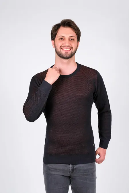 Çizgi Triko Erkek Sıfır Yaka Triko Kazak Desenli Bel ve Kol Lastikli Kışlık Dokuma - Lacivert