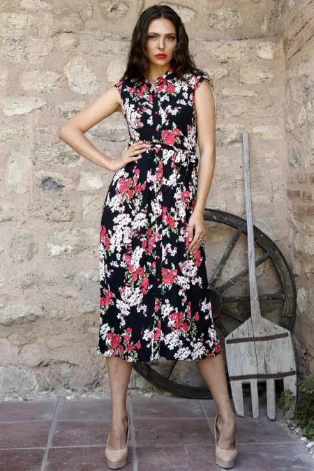 Kadın Siyah Ay Kollu Desenli Elbise Kadın Siyah Ay Kollu Desenli Elbise